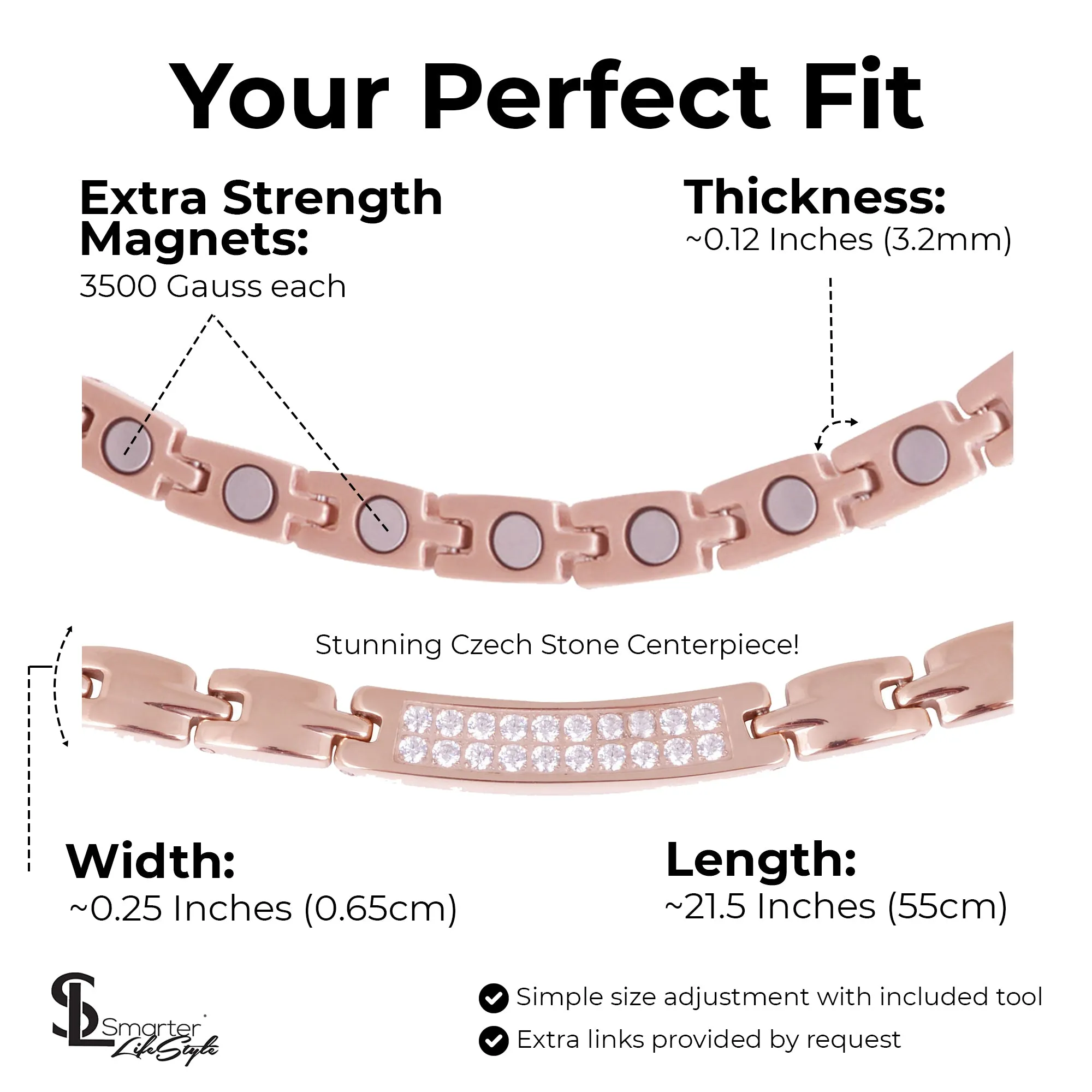 Elegant Titanium Magnetic Therapy Necklace - Womens - Width: .25in, w/ Czech Cyrstals / Rose Gold