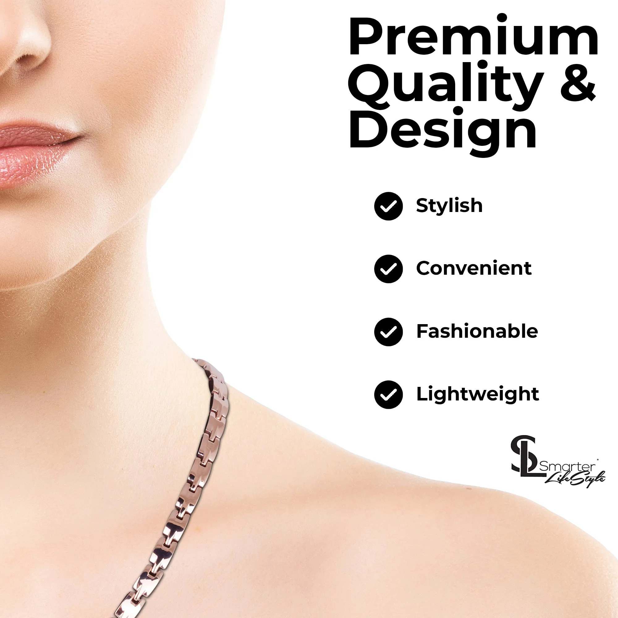 Elegant Titanium Magnetic Therapy Necklace - Womens - Width: .25in, w/ Czech Cyrstals / Rose Gold