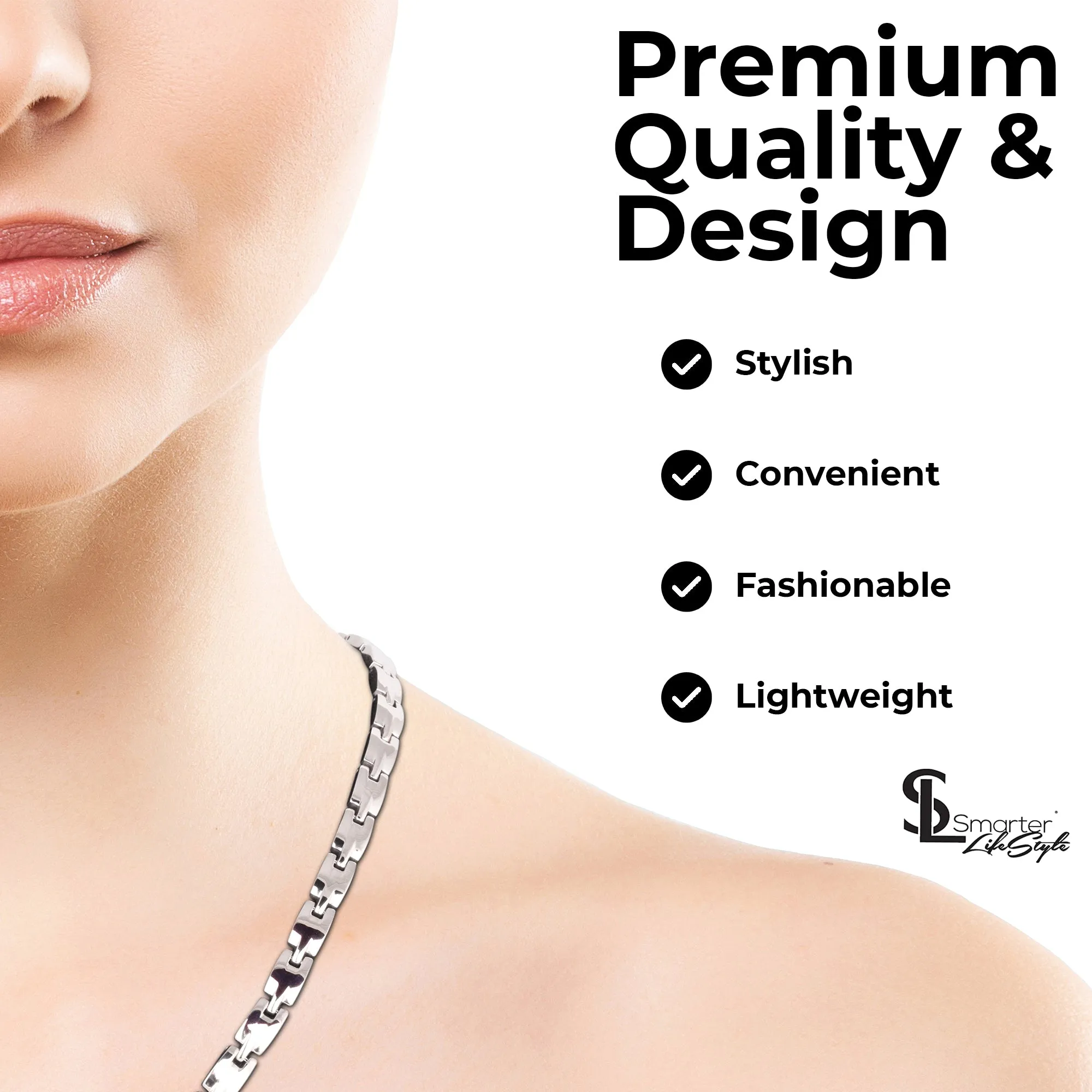 Elegant Titanium Magnetic Therapy Necklace - Womens - Width: .25in, w/ Czech Cyrstals / Silver