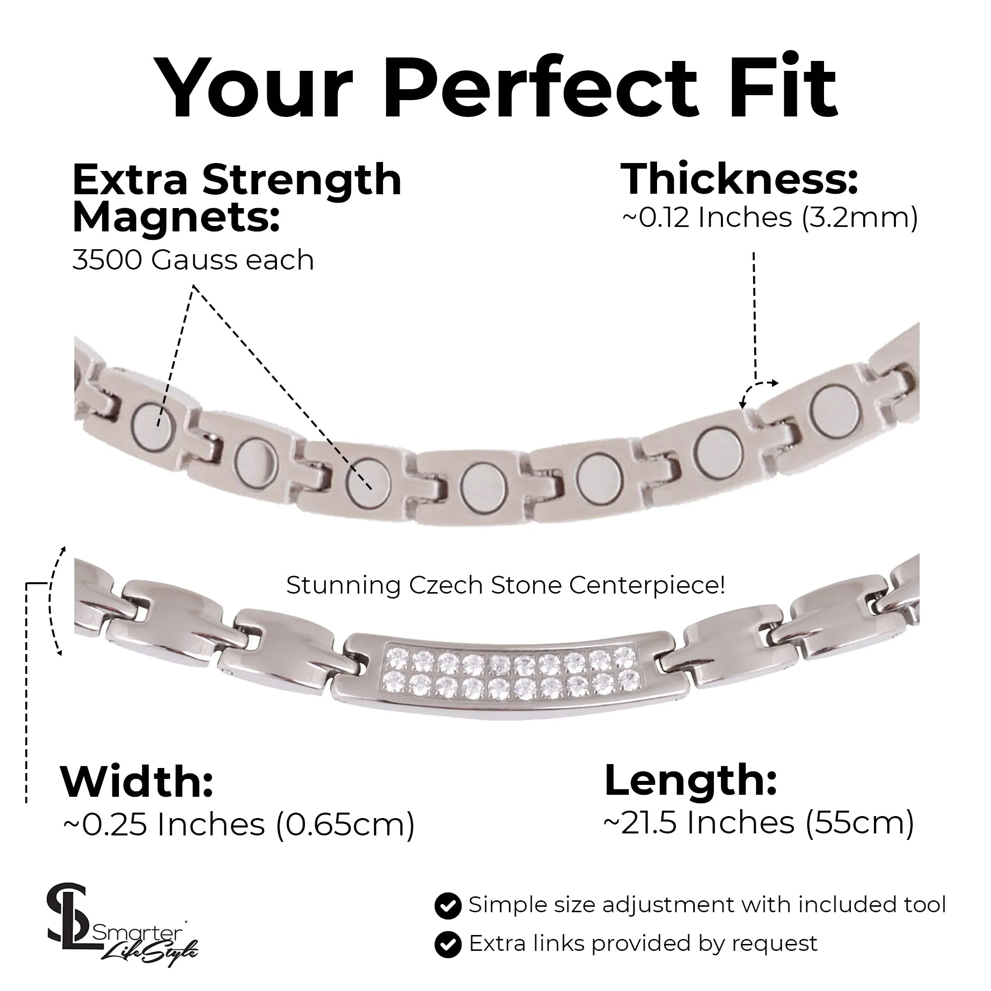 Elegant Titanium Magnetic Therapy Necklace - Womens - Width: .25in, w/ Czech Cyrstals / Silver