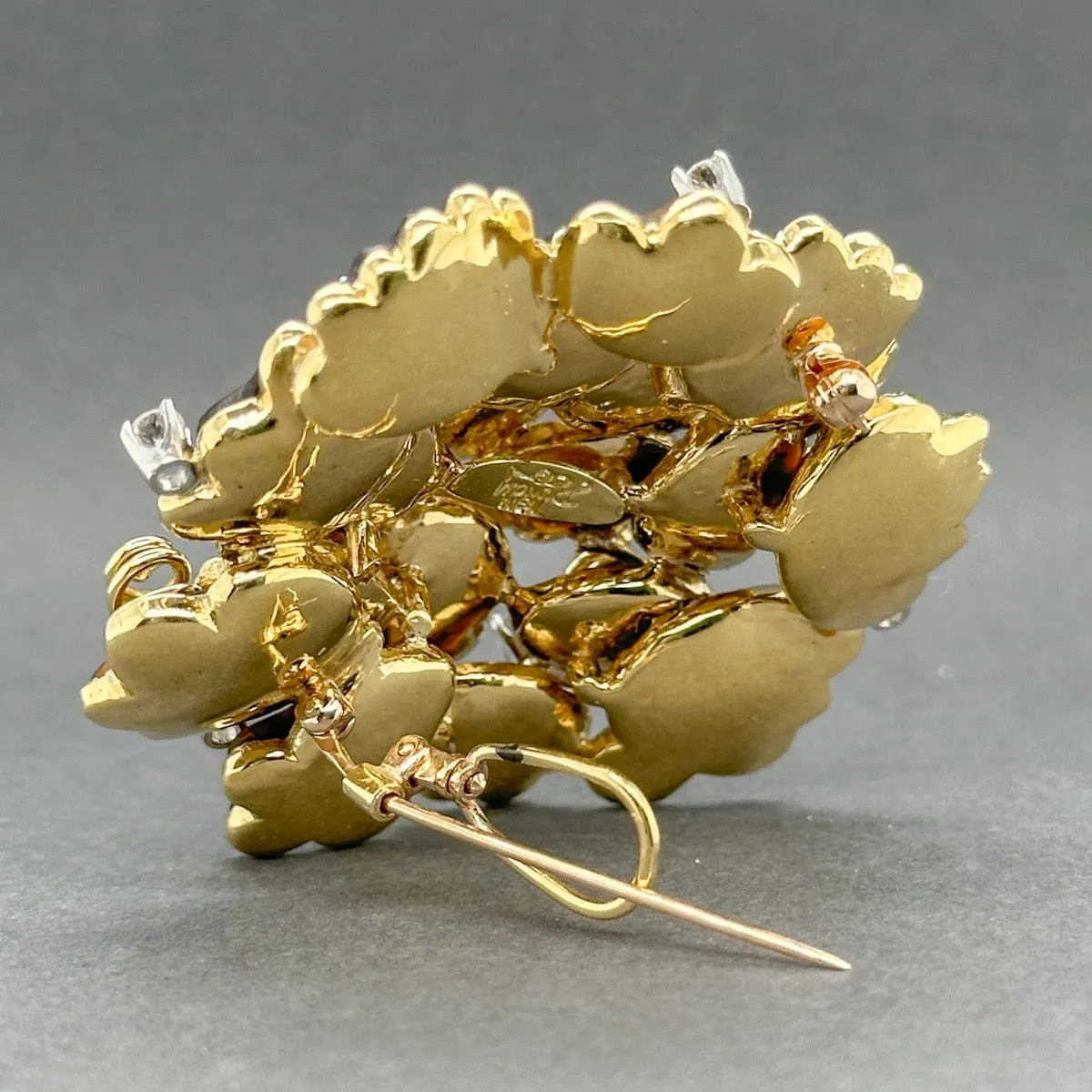 Estate Henry Dunay 18K Y Gold Tigers Eye & 0.42ctw Diamond Flower Brooch