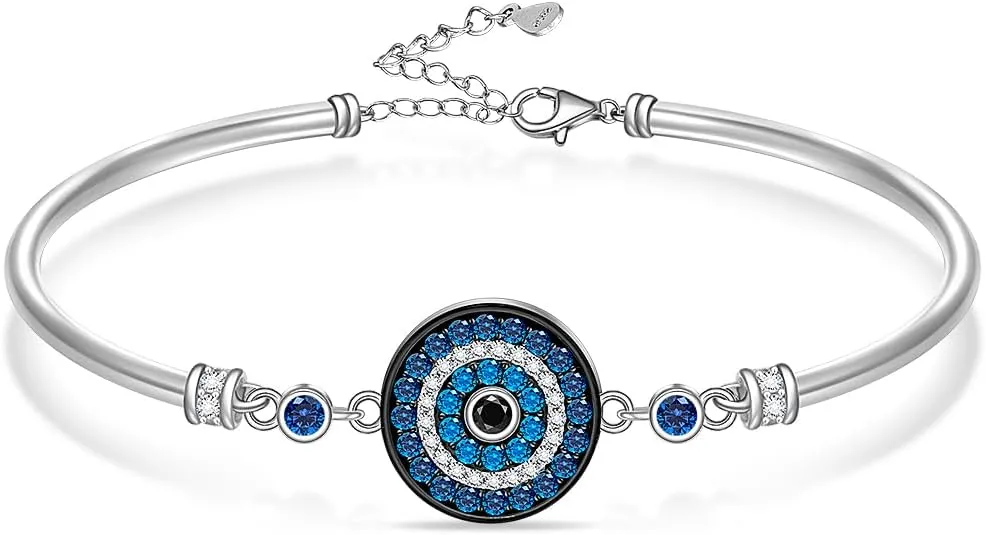 Evil Eye Bracelets 925 Sterling Silver Blue Evil Eye Bracelet for Women Mothers Day Gifts Greek Dainty Bangle Circular Good Luck Adjustable Protection Jewelry