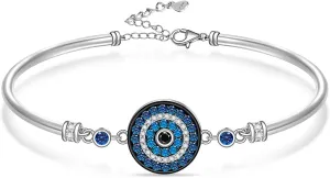 Evil Eye Bracelets 925 Sterling Silver Blue Evil Eye Bracelet for Women Mothers Day Gifts Greek Dainty Bangle Circular Good Luck Adjustable Protection Jewelry