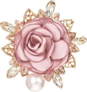 Flower Brooches for Women, Elegant Pink Brooch with Handmade Crystal Pearl & Flower Pins for Clothes, Dress, Lapel, Wedding, Parties (Pink, 2-Inch)