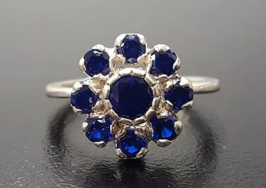 Flower Sapphire Ring - Blue Cocktail Ring - Large Vintage Ring
