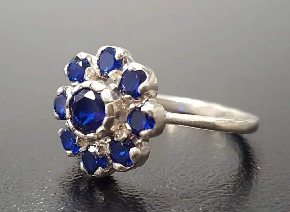 Flower Sapphire Ring - Blue Cocktail Ring - Large Vintage Ring