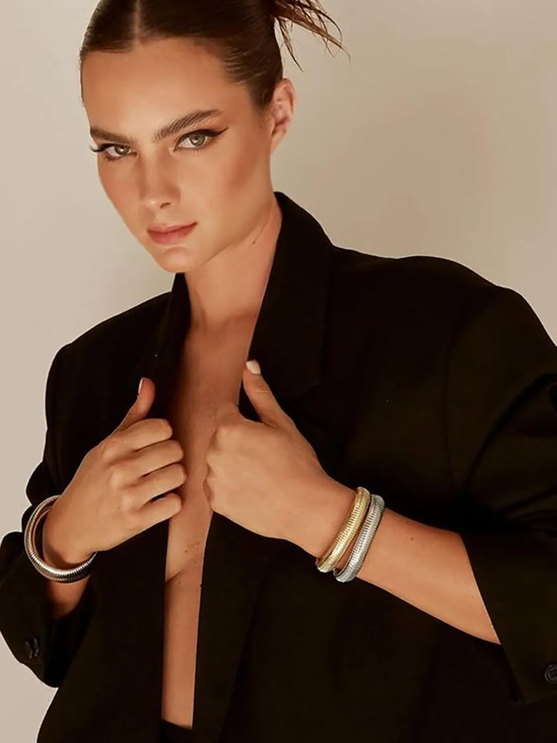FOCALOOK Bangle Bracelets for Women, Gold Chunky Stretch Bracelet Stack, Flexible Wide Wristband Bracelet Trendy