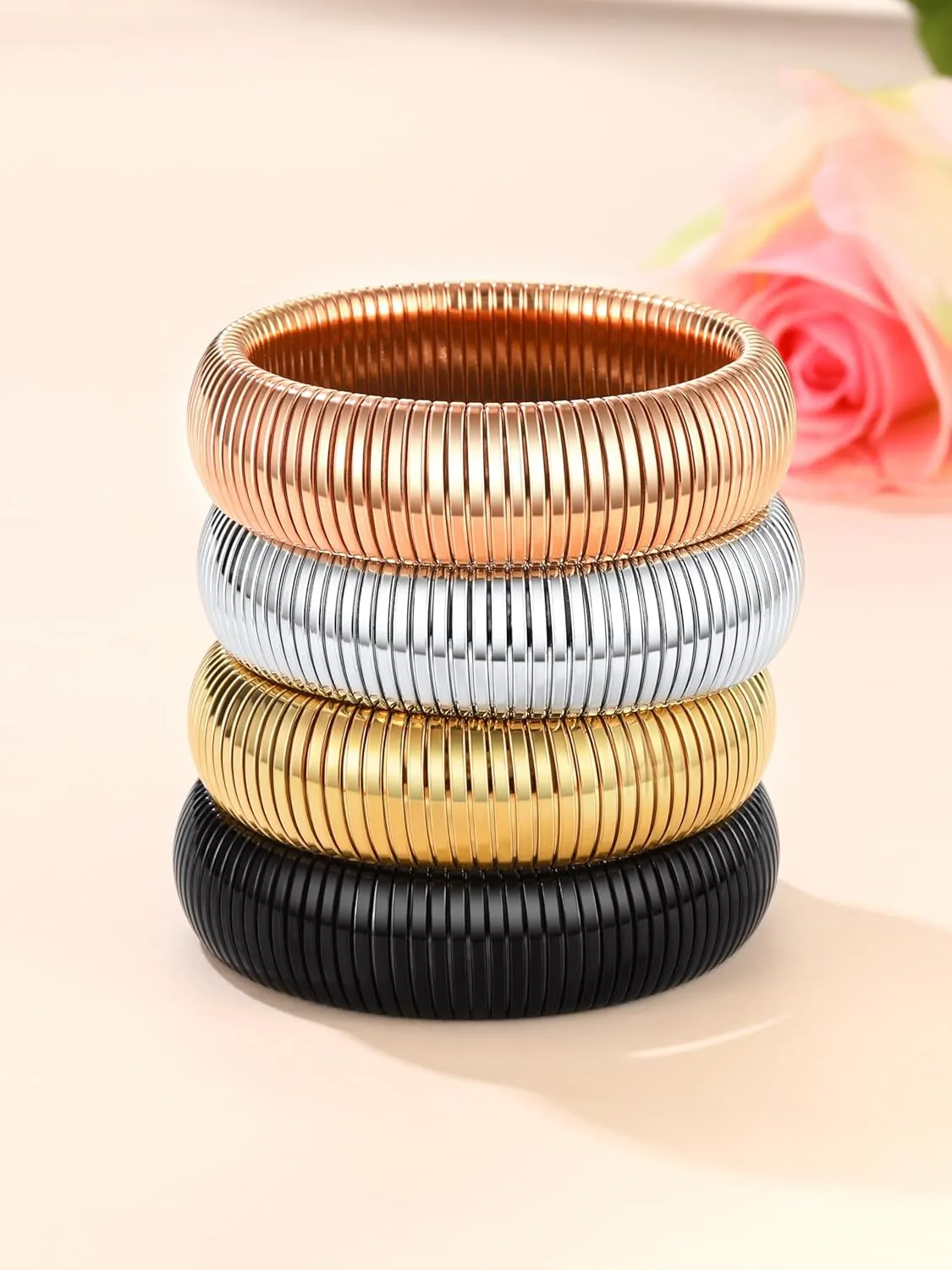 FOCALOOK Bangle Bracelets for Women, Gold Chunky Stretch Bracelet Stack, Flexible Wide Wristband Bracelet Trendy