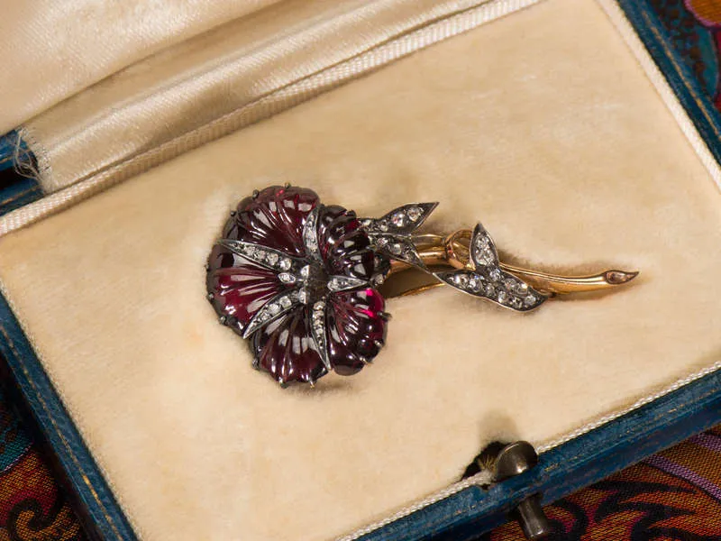 Frozen in Time - Antique Garnet Diamond Flower Brooch