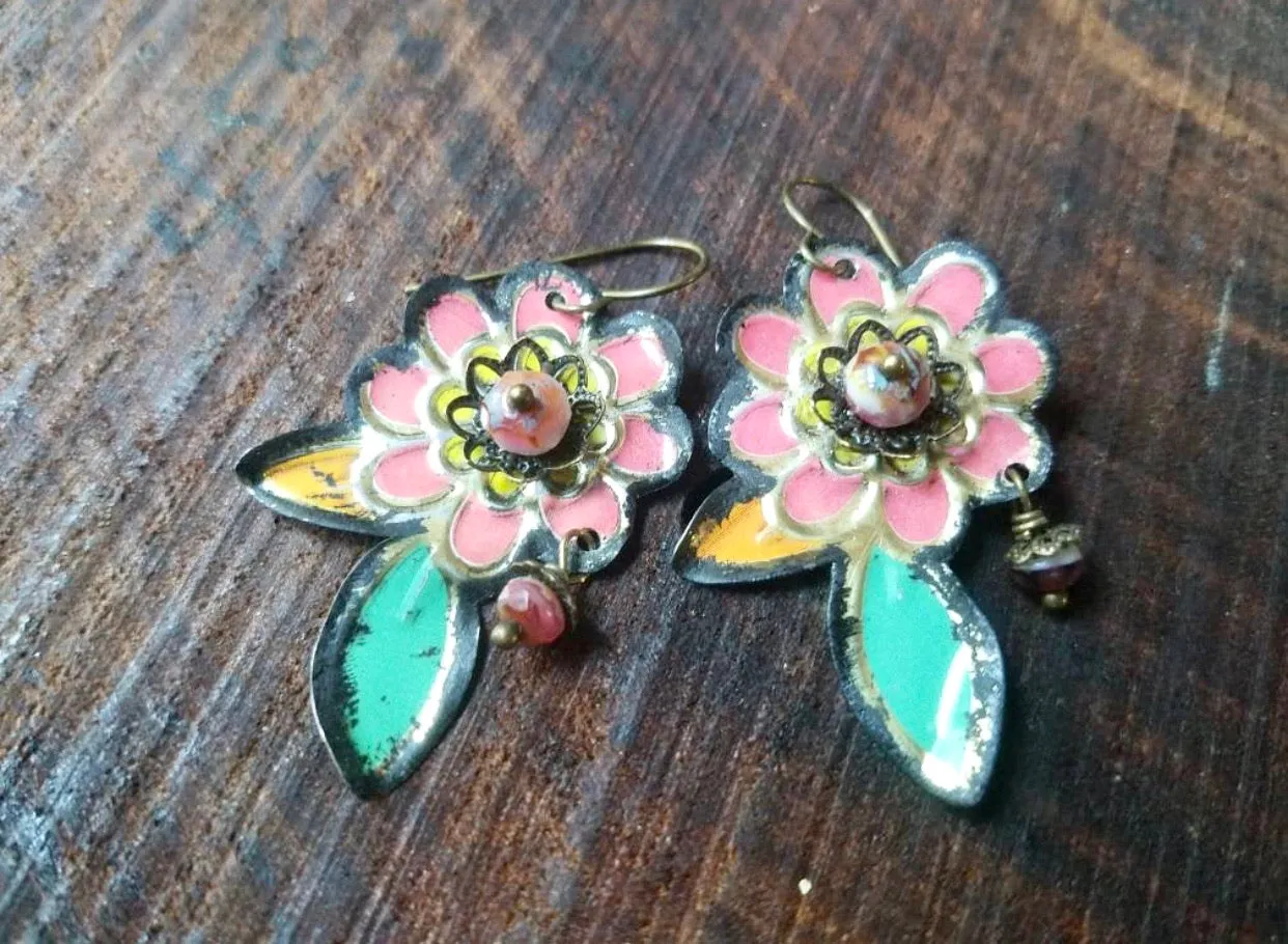 Fun Antique Tin Floral Earrings
