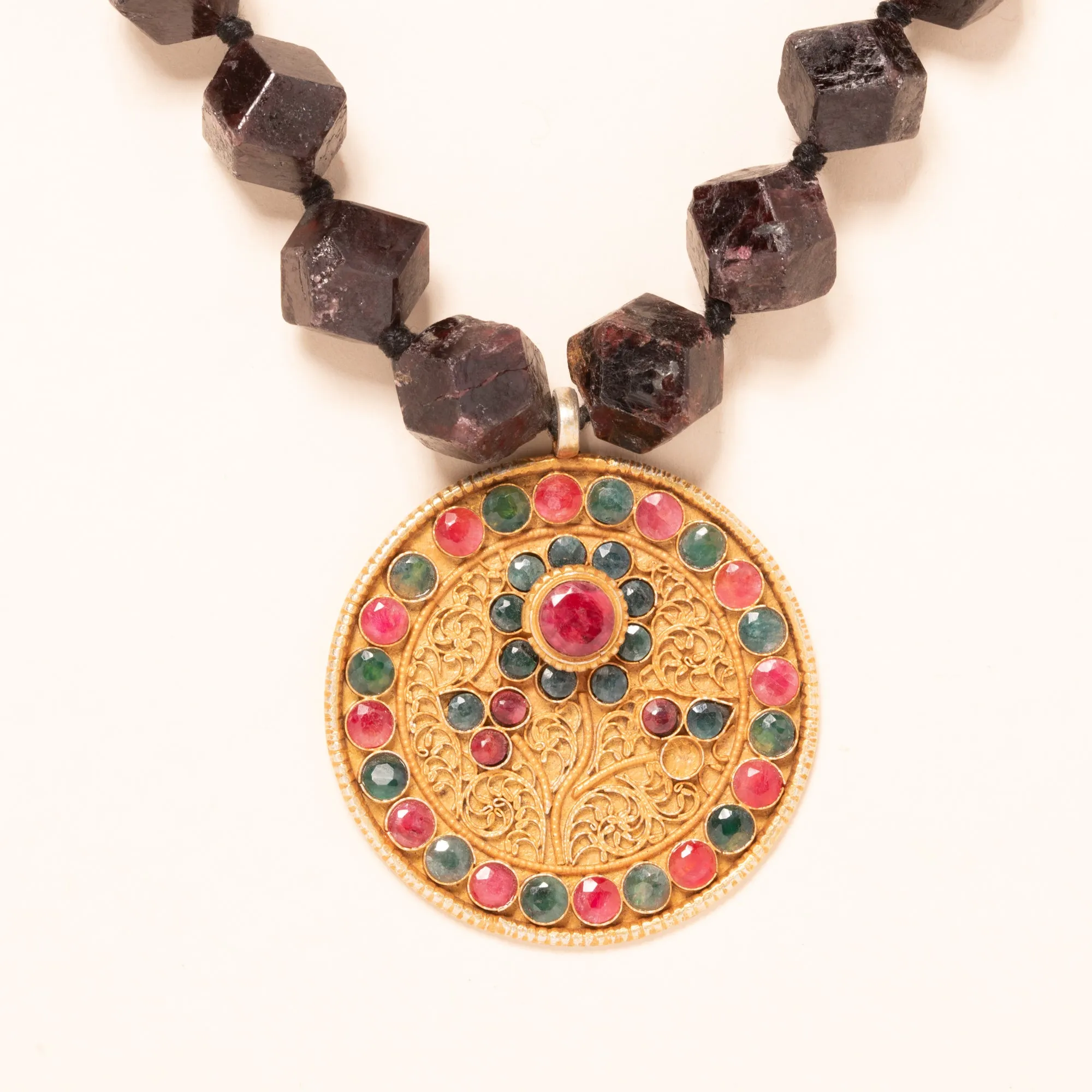 Garnet, Ruby, Silver, Gold Plated Ruby & Emerald Necklace