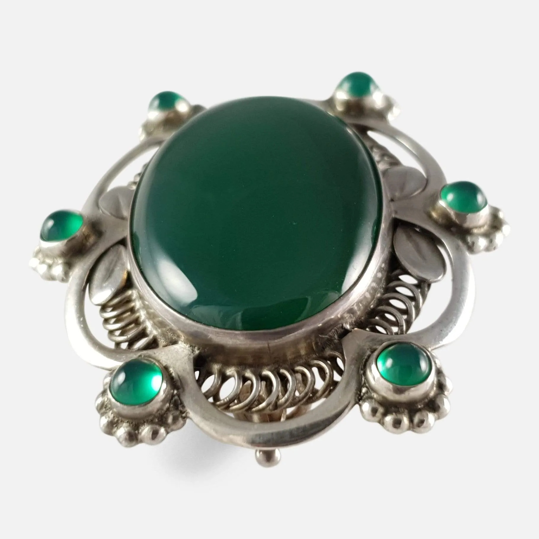Georg Jensen Silver and Green Agate Brooch #157