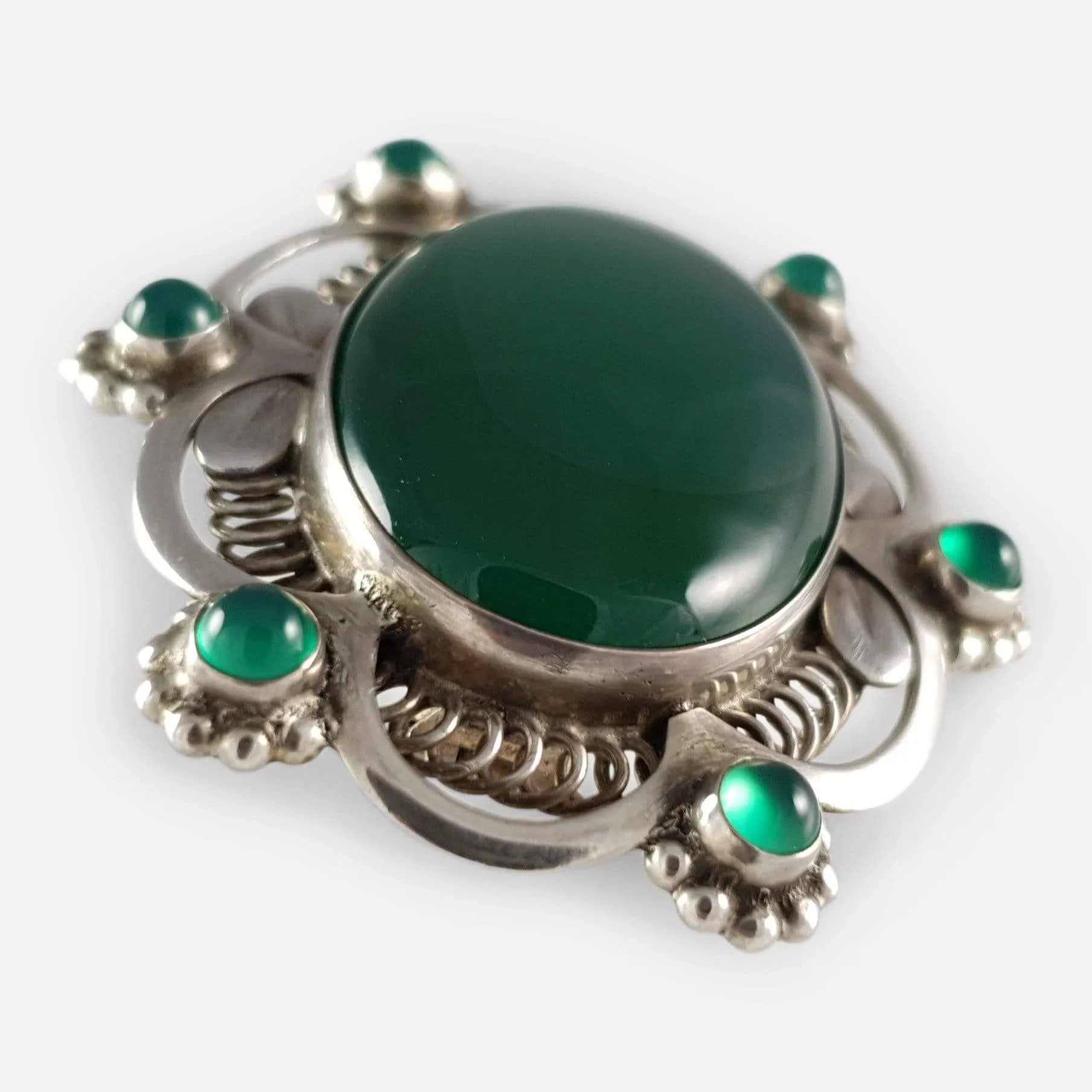 Georg Jensen Silver and Green Agate Brooch #157