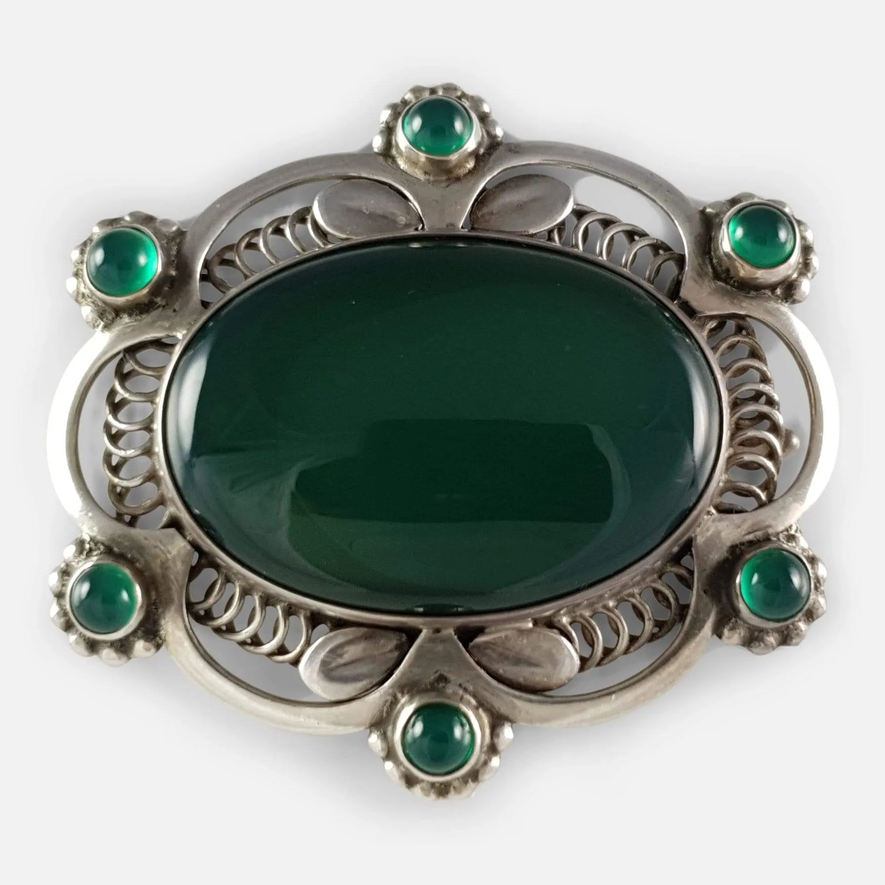 Georg Jensen Silver and Green Agate Brooch #157