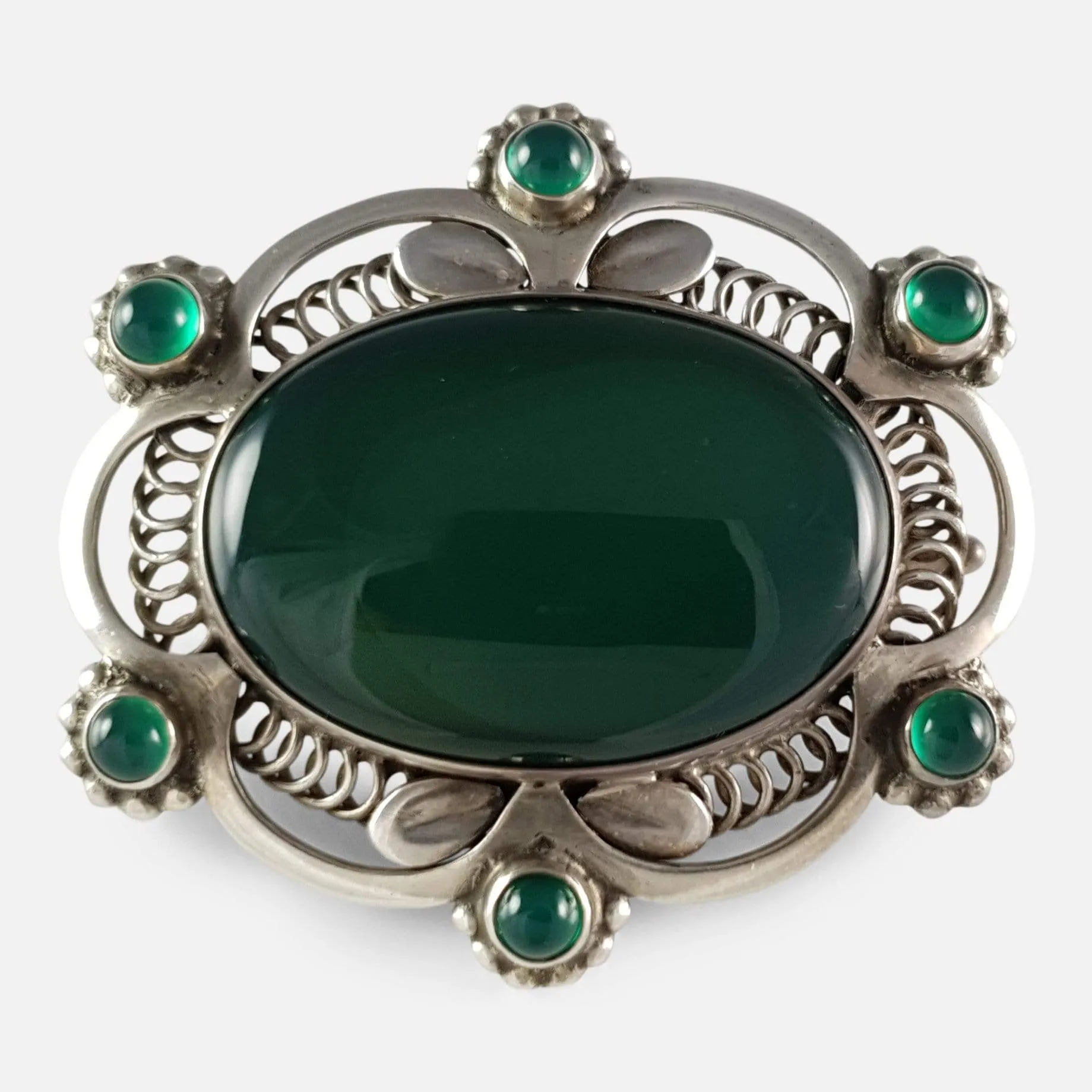 Georg Jensen Silver and Green Agate Brooch #157