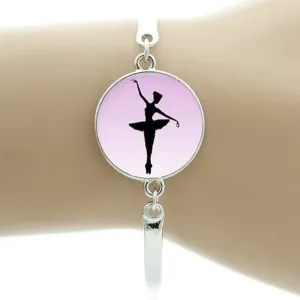 Girls "Ballerina" Glass Cabochon Bangle Fashion Bracelet Silver Tone