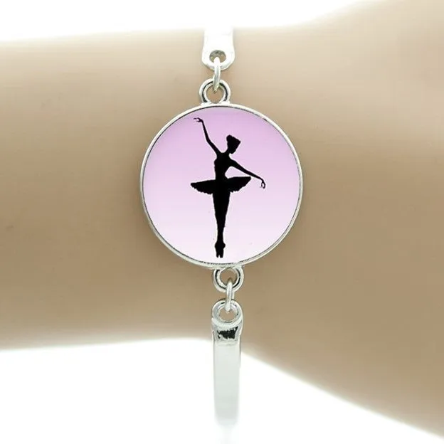 Girls "Ballerina" Glass Cabochon Bangle Fashion Bracelet Silver Tone