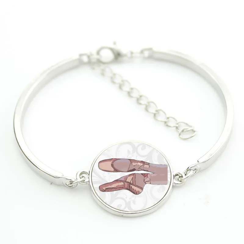 Girls "Ballet Slippers" Glass Cabochon Bangle Fashion Bracelet Silver Tone