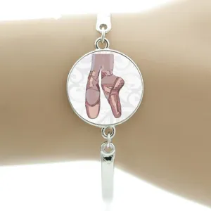 Girls "Ballet Slippers" Glass Cabochon Bangle Fashion Bracelet Silver Tone