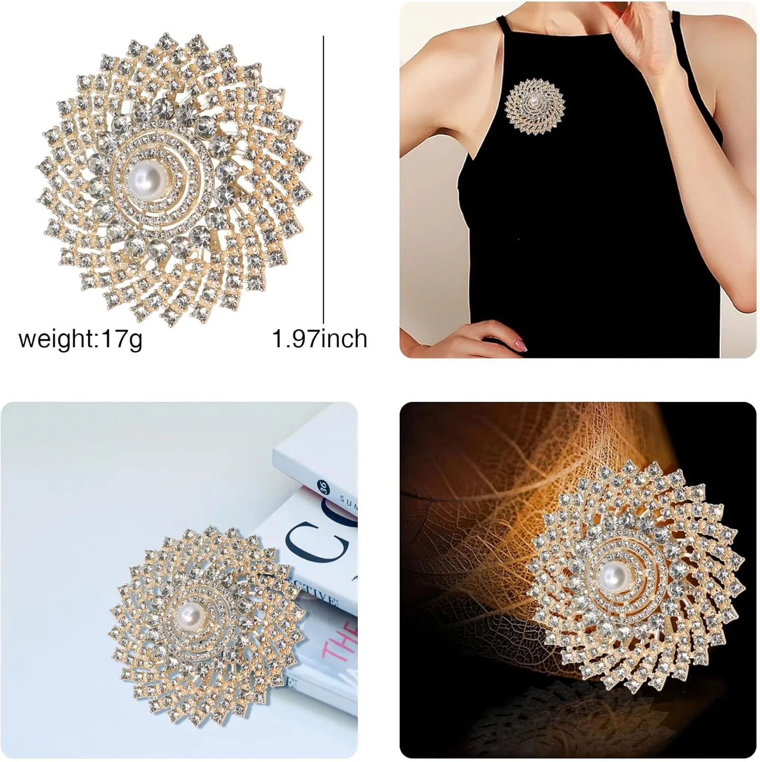 Gold Crystal Shell Flower Brooch Pins for Women Elegant Pearl Rhinestone Floral Brooches Pin Fashion Jewelry for Party Dance Wedding Banquet Brooch for Women Girl Gift