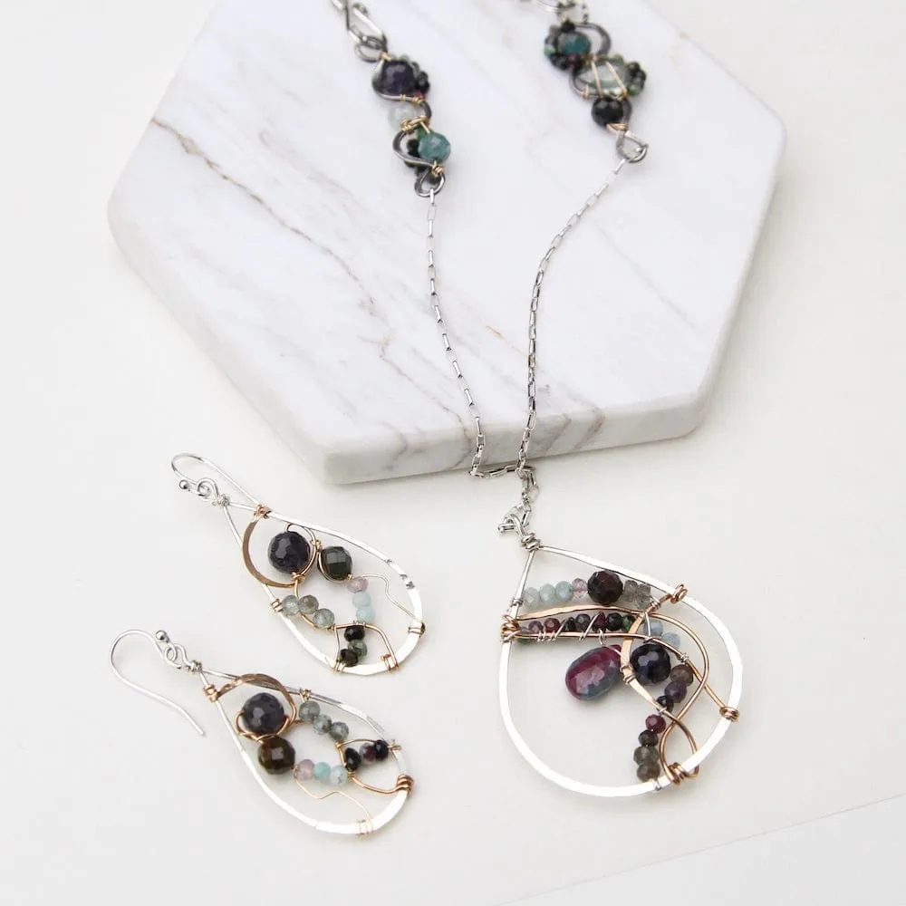 Hand Formed Sterling Silver Teardrop Necklace With Ruby Zoisite