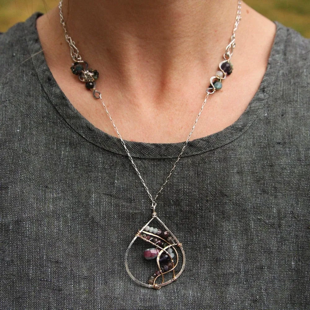 Hand Formed Sterling Silver Teardrop Necklace With Ruby Zoisite