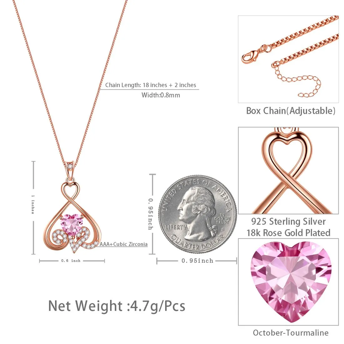Heart Necklace Love Heart Oct. Birthstone Pendant Women Girls Jewelry Birthday Gift