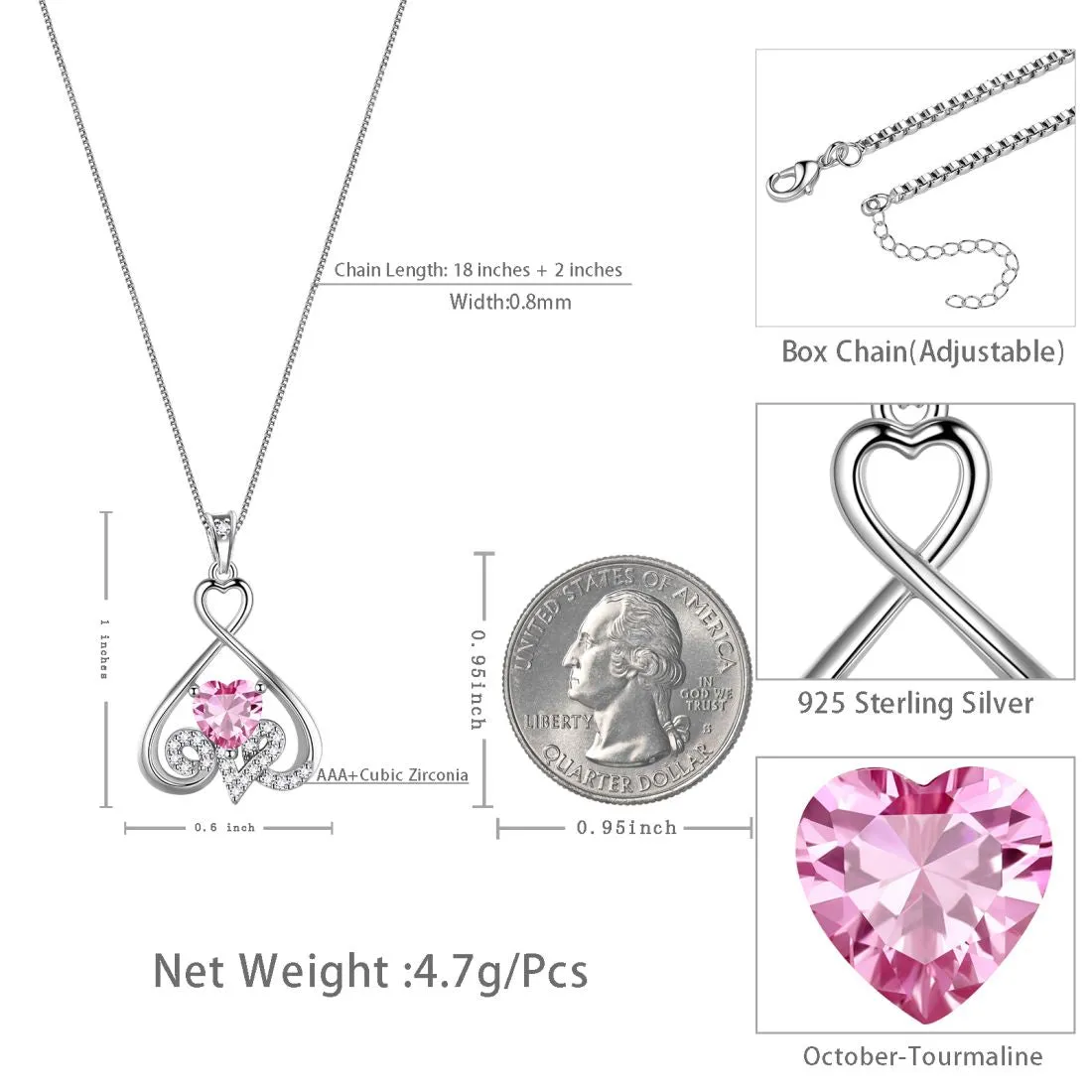 Heart Necklace Love Heart Oct. Birthstone Pendant Women Girls Jewelry Birthday Gift