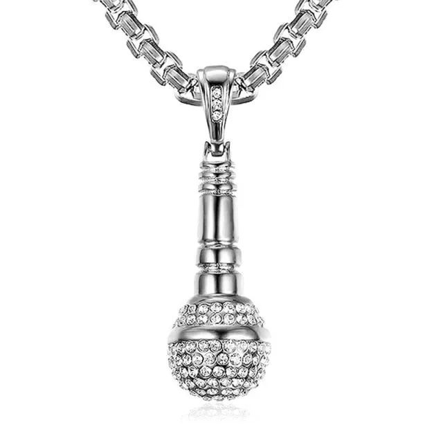 Iced Out Microphone Shaped Pendant Necklace
