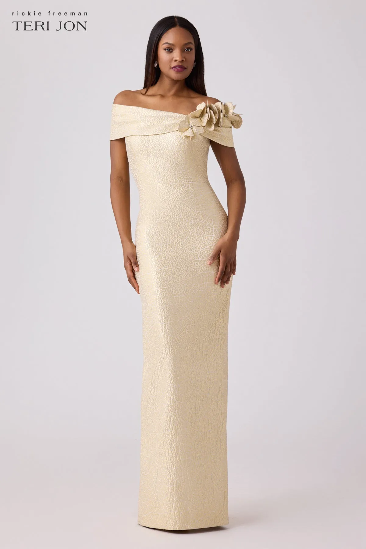 Jacquard 3D Flower Column Gown