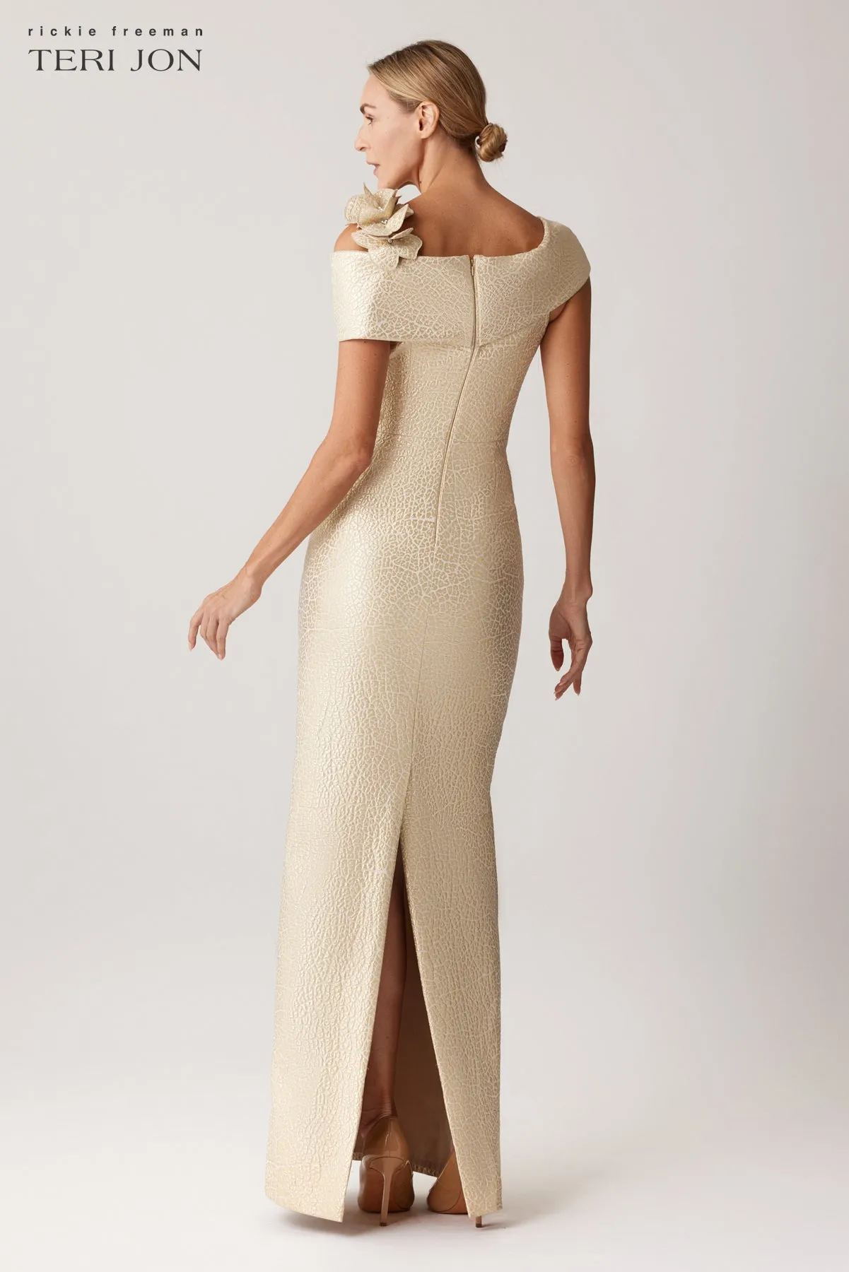 Jacquard 3D Flower Column Gown