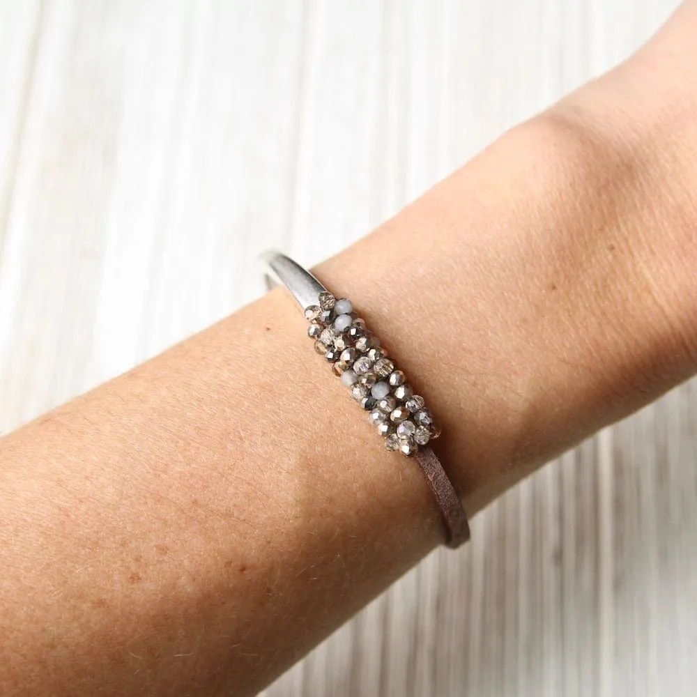 Metallic Crystals Hand Stitched Leather 1/2 Cuff