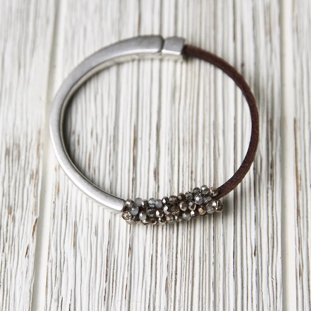 Metallic Crystals Hand Stitched Leather 1/2 Cuff