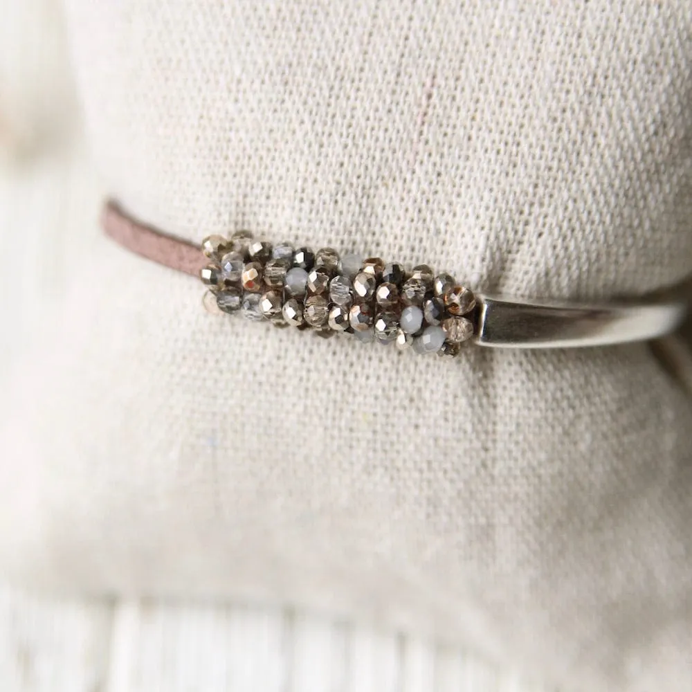 Metallic Crystals Hand Stitched Leather 1/2 Cuff
