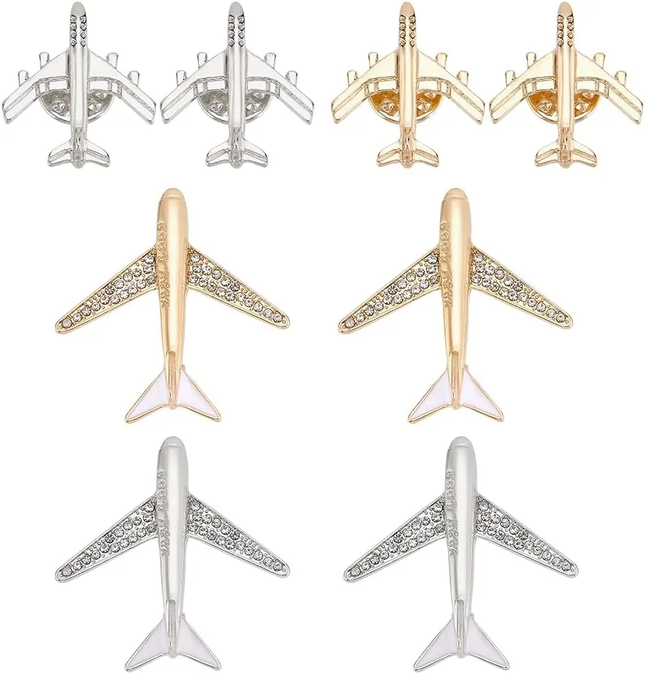 PH PandaHall 10pcs Airplane Brooch Pins 4 Styles Rhinestone Crystal Aircraft Brooches Flight Plane Tie Pins Lapel Pin for Women Men Suit Shirt Sweater Hat Coat Dress Bag Accessories, Platinum, Gold