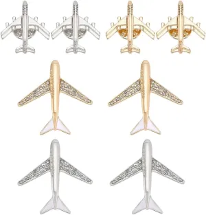 PH PandaHall 10pcs Airplane Brooch Pins 4 Styles Rhinestone Crystal Aircraft Brooches Flight Plane Tie Pins Lapel Pin for Women Men Suit Shirt Sweater Hat Coat Dress Bag Accessories, Platinum, Gold