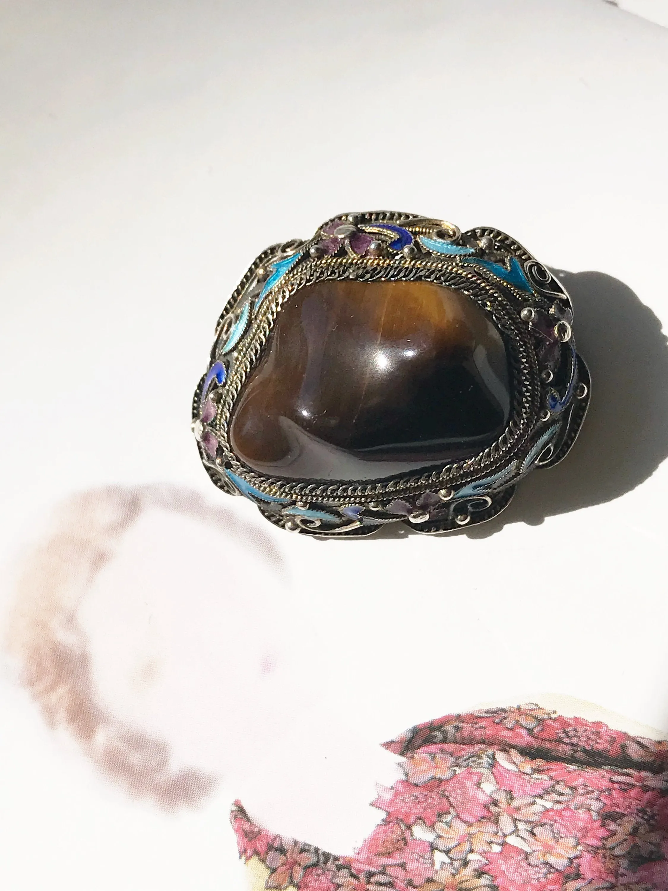 Rare Chinese Export Tiger's Eye Enamel Brooch