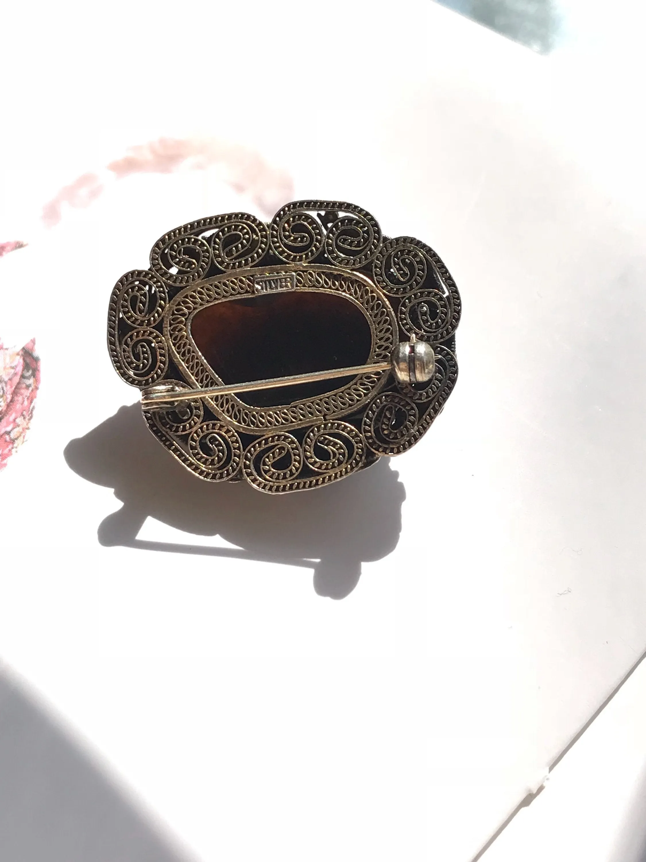 Rare Chinese Export Tiger's Eye Enamel Brooch