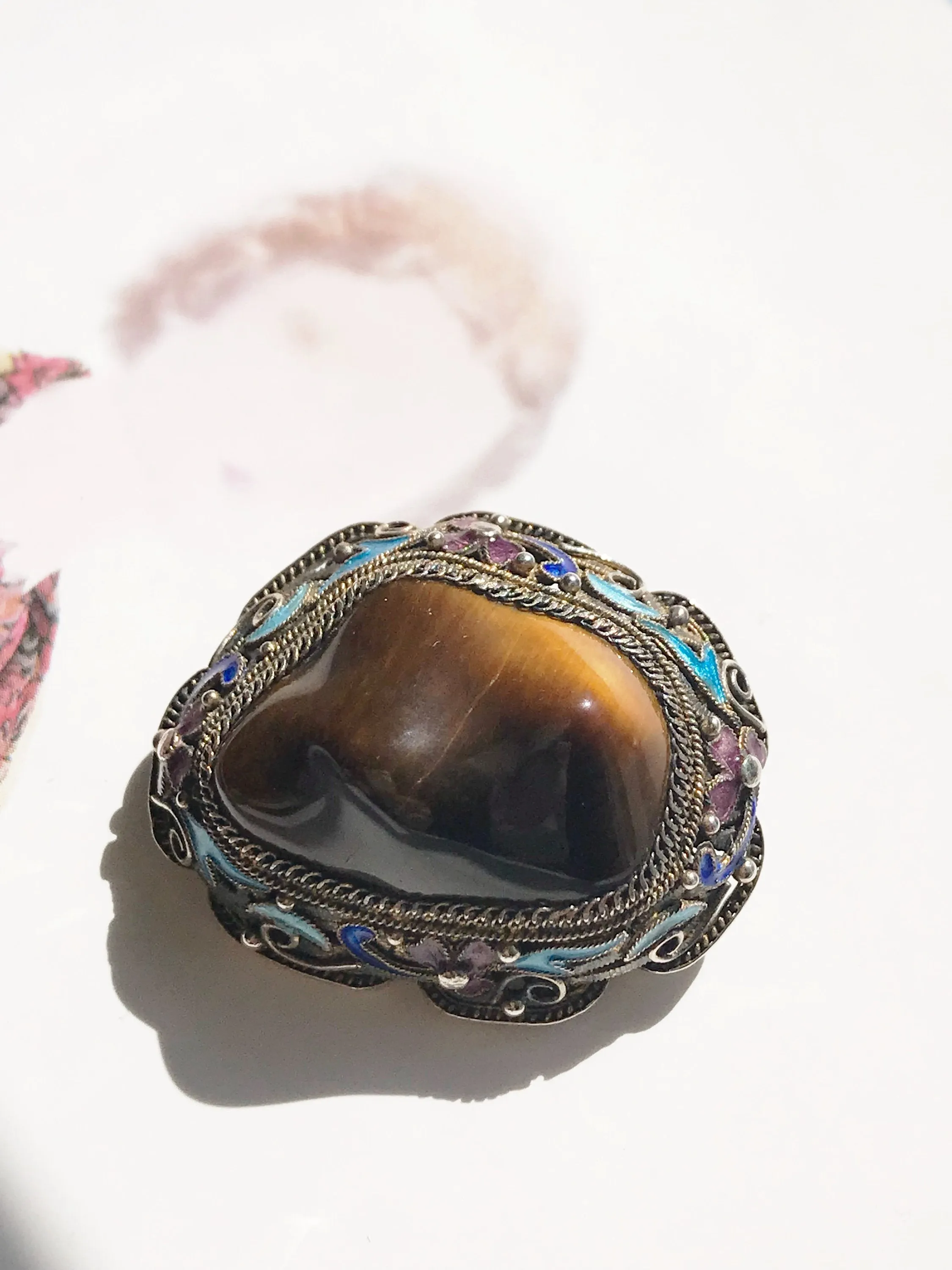 Rare Chinese Export Tiger's Eye Enamel Brooch