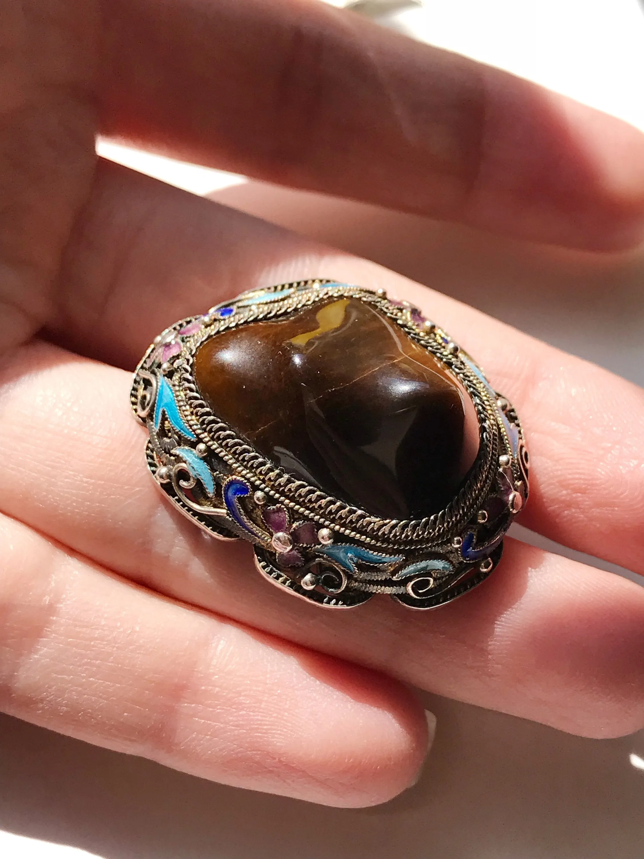 Rare Chinese Export Tiger's Eye Enamel Brooch