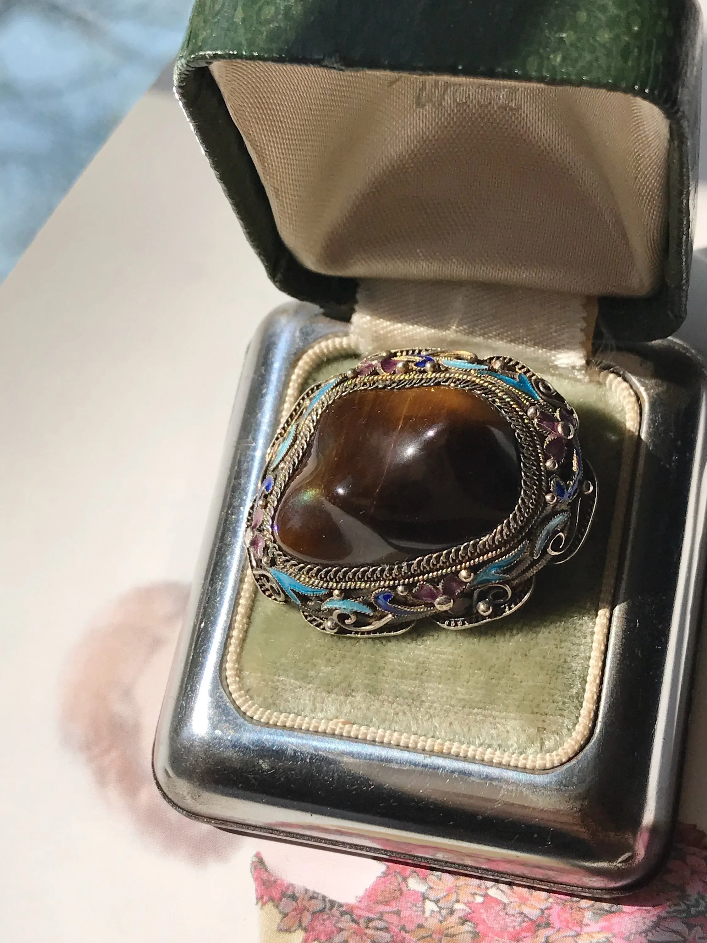 Rare Chinese Export Tiger's Eye Enamel Brooch