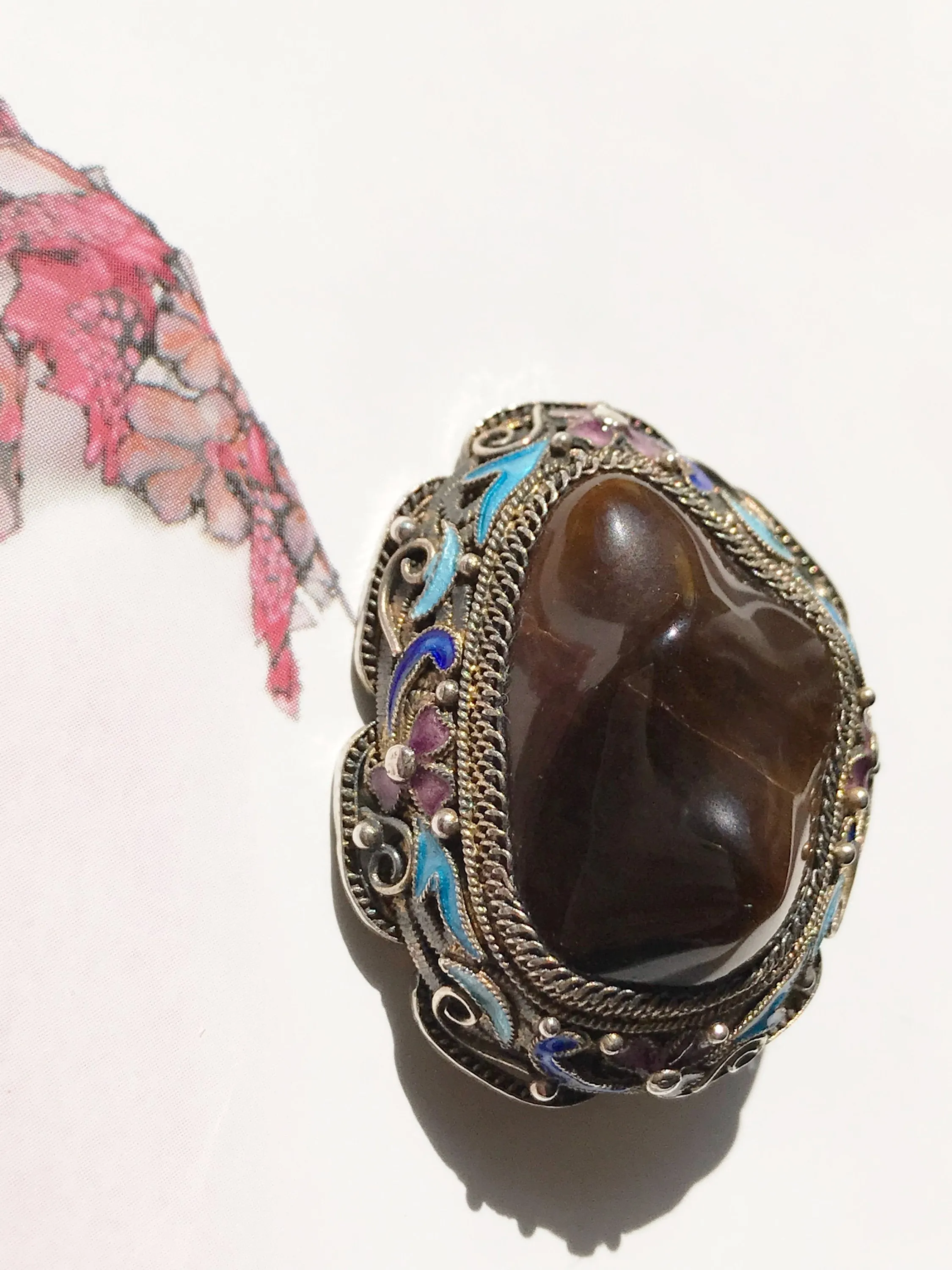 Rare Chinese Export Tiger's Eye Enamel Brooch