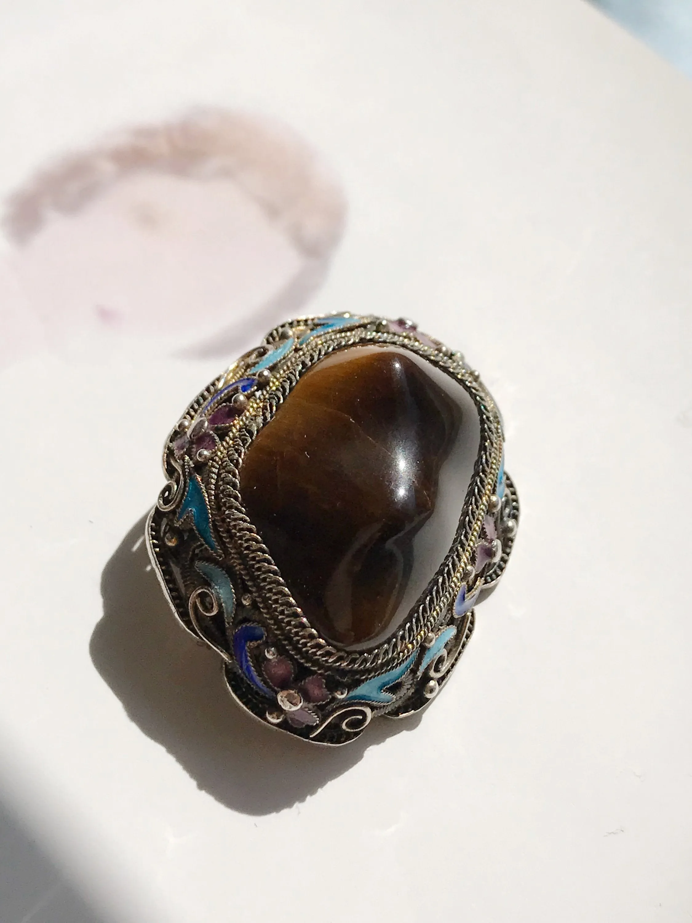 Rare Chinese Export Tiger's Eye Enamel Brooch