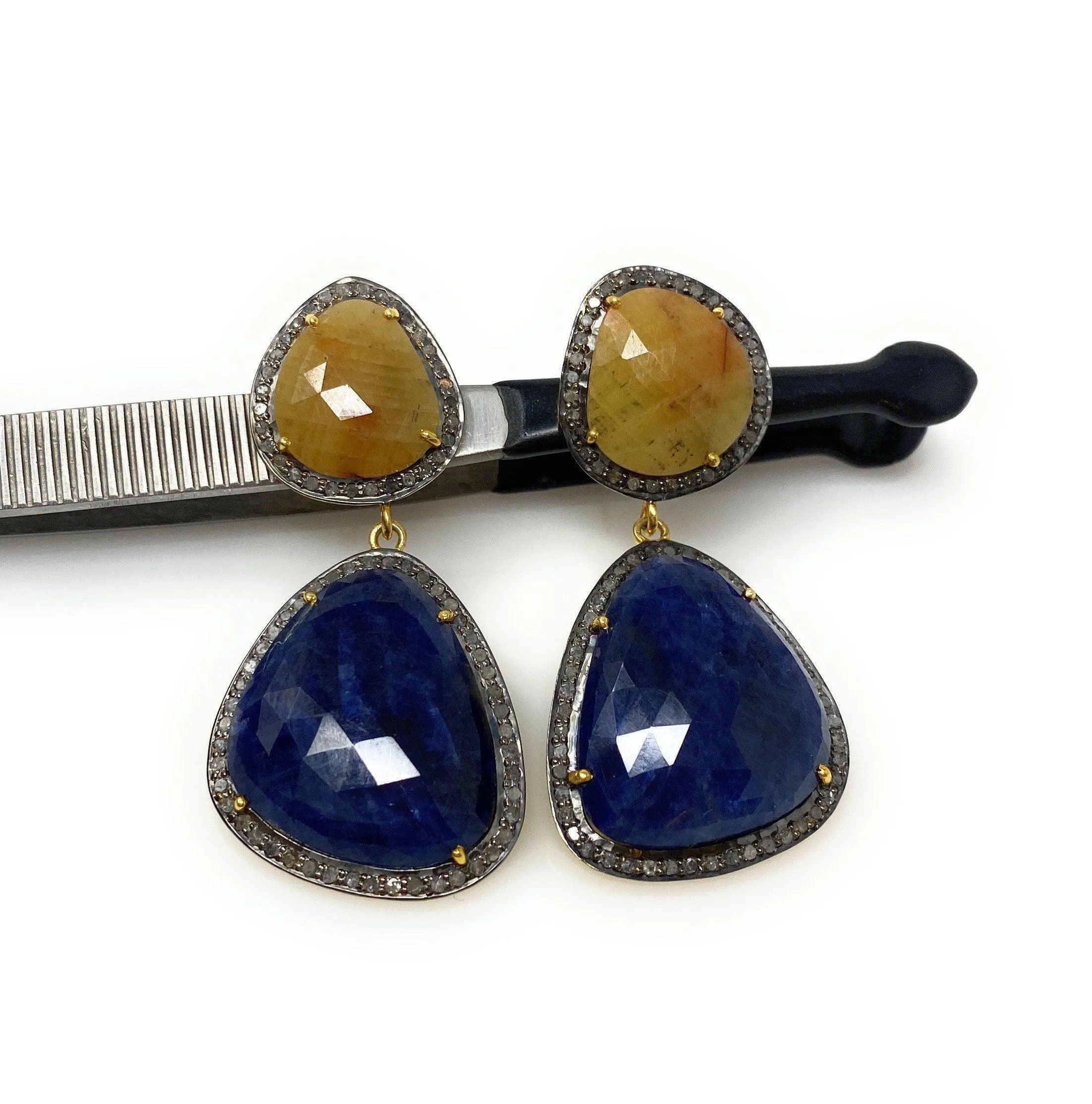 Rare Yellow and Blue Sapphire Pave Diamond Earrings, Sapphire
