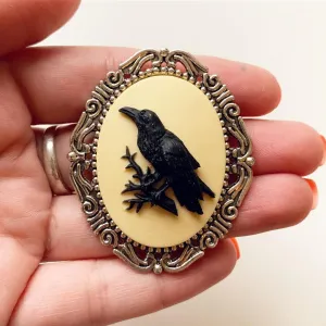 Raven Cameo Brooch in Silver Large Size