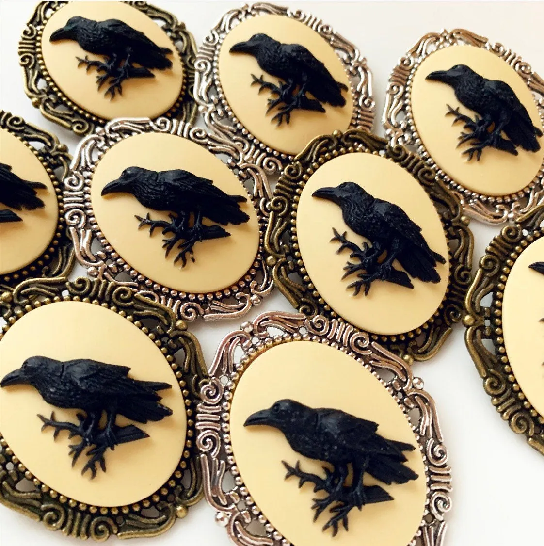 Raven Cameo Brooch in Silver Large Size