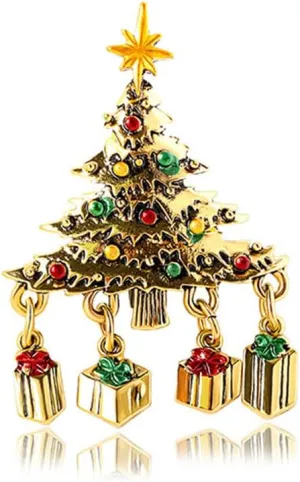 Red Green Beaded Xmas Tree Brooch Pin for Women Girls Men Gold Plated Fashion Gift Boxes Charms Drop Christmas Statement Brooches Lapel Pins Antique Festival Ornament Dress Accessories Jewelry Gift