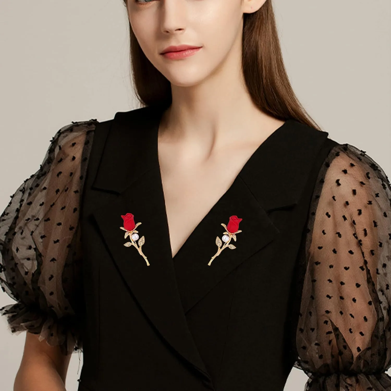 Red Rose Floral Brooch Pin Gold Plated Flower Decorative Garment Dress Jewelry for Women Cocktail Party Accessory Brooches Pin