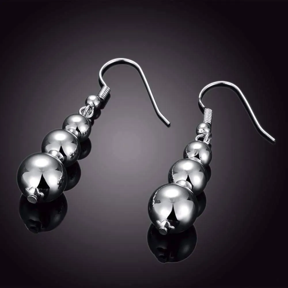 Silver Triple Bead Dangling French Hook Earrings for Woman