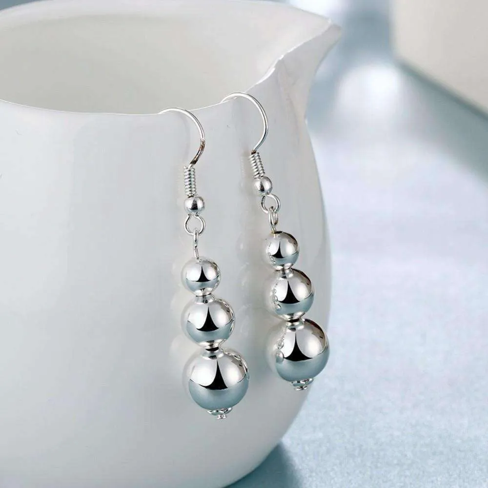 Silver Triple Bead Dangling French Hook Earrings for Woman